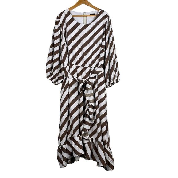 Lane Bryant Blouson-Sleeve Ruffle Hem Brown White Stripe Print Size 24 NEW - Picture 2 of 14
